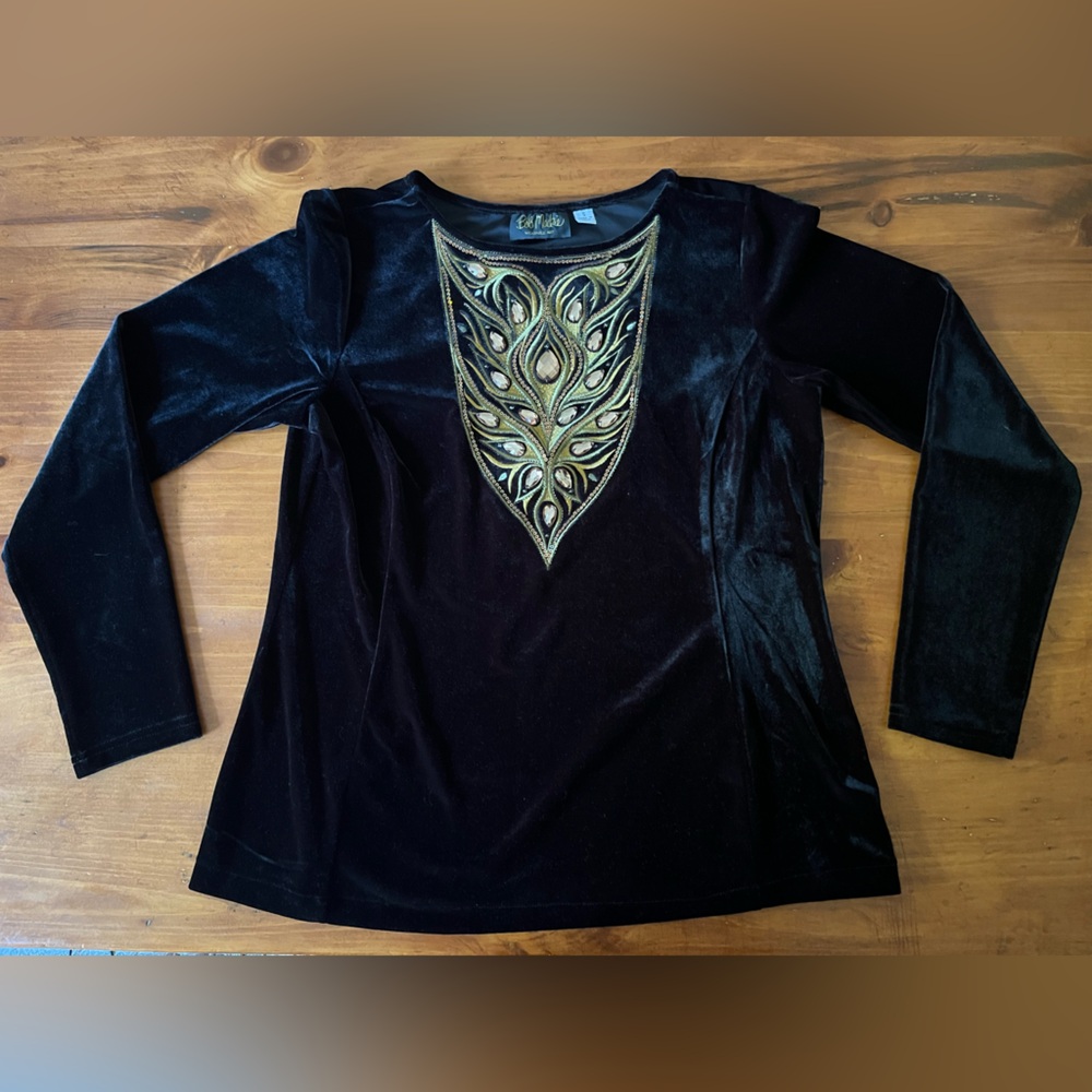 Bob Mackie Wearable Art Sz S Elegant Black Velvet Top with Gold Embroidery